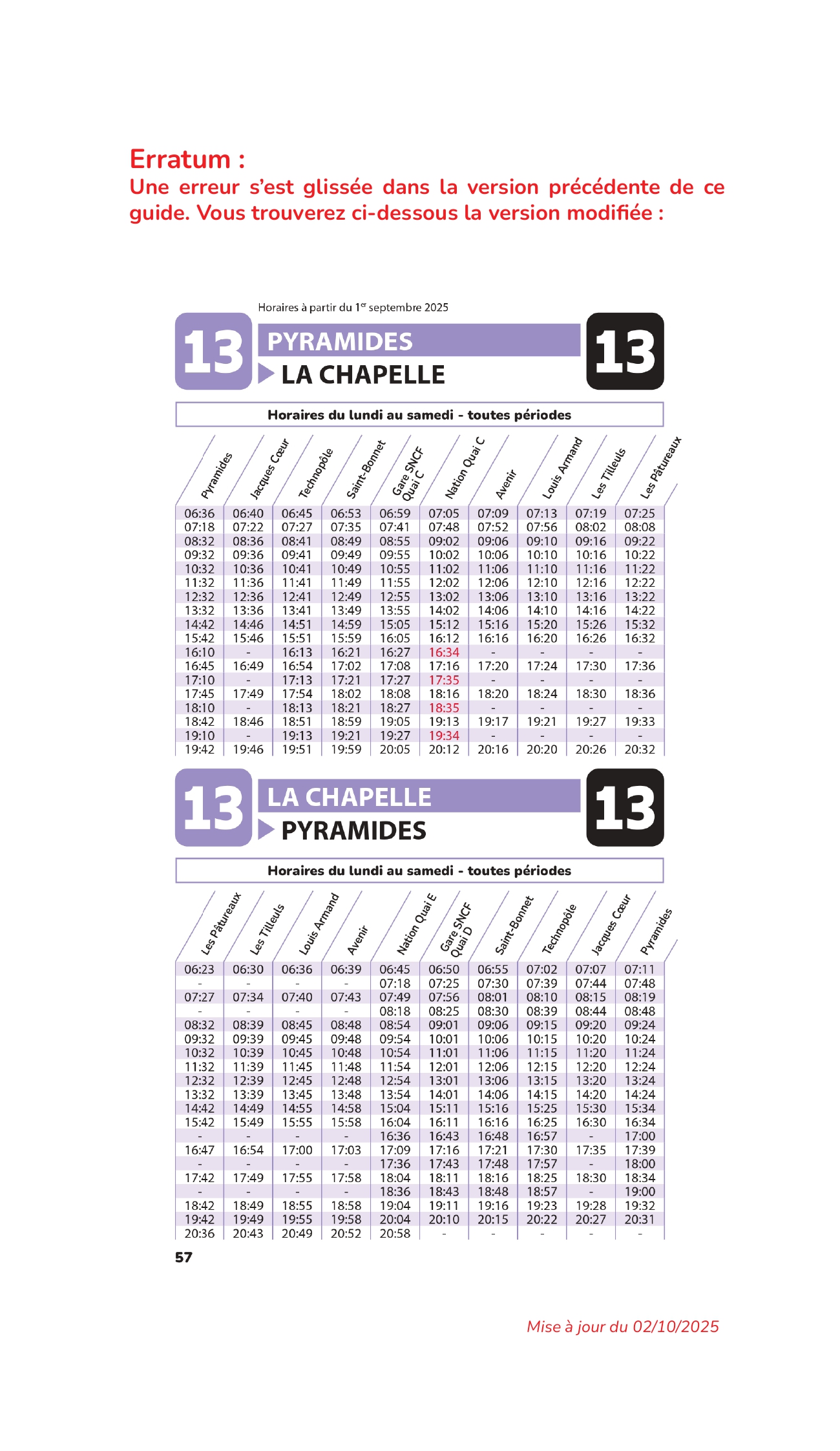 ERRATUM P57 du Guide Horaires