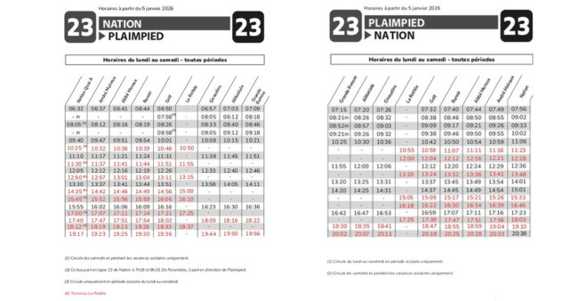 Horaires L23 à partir du 5 janvier 2026